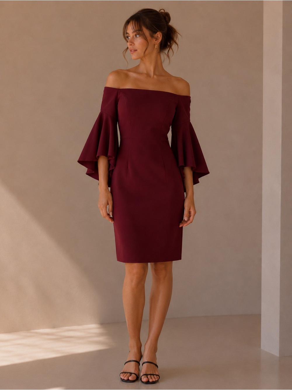 Milly Off-Shoulder Wine Bell-Sleeve Dress Size 6